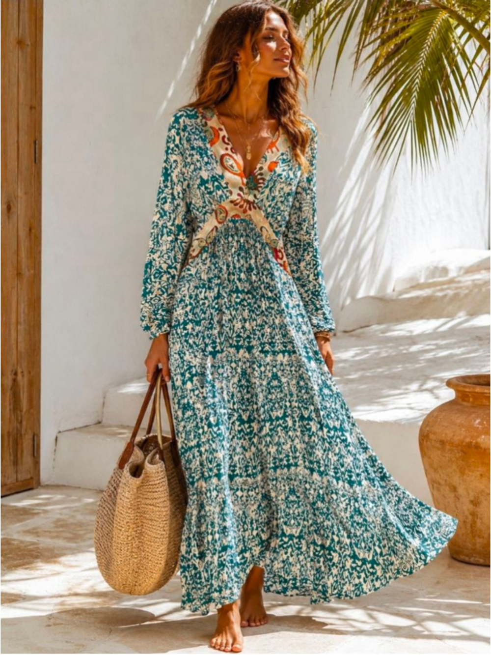 Boho Resort Maxi Dress Teal Ivory Paisley V Neck Tie Back Long Sleeve